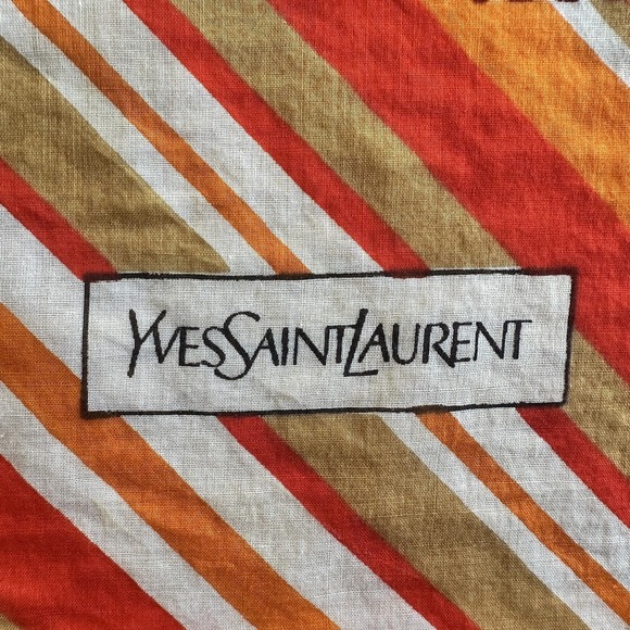 Vintage Yves Saint Laurent Scarf Cotton Large Red Orange Brown Striped Logo 70s - Picture 9 of 9